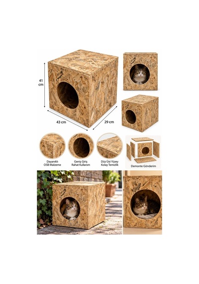 Reyo 43x41x29 cm Orta Boy Kedi Evi Ahşap Kedi Barınağı, Sokak Kedileri İçin Yağmur ve Su Geçirmez OSB CAT03