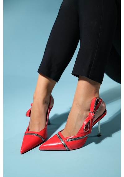 Luvishoes Glen Kırmızı Cilt Fermuar Detaylı Kadın Yüksek Topuklu Ayakkabı Kırmızı
