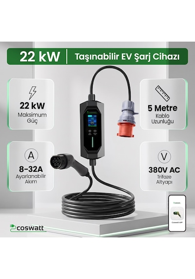 Cks Enerji 22 Kw Taşınabilir Hızlı Araç Şarj İstasyonu Çanta Ve Dönüştürücü Hediyeli Yerli Üretim 11-22kw