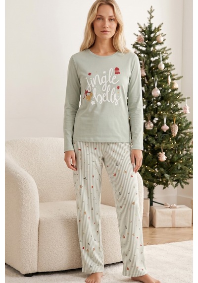 Siyah İnci Yılbaşı Temalı Pamuklu Likralı Örme Pijama Takım26241178 Yeşil