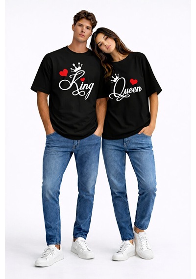 King Queen Sevgili Kombini Çift Tişört Matching Couple Oversize U Siyah