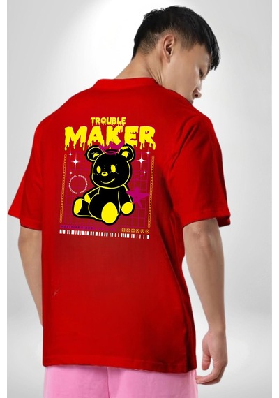 Baş Belası Teddy Kırmızı Oversize Unisex Ön Ve Sırt Baskılı Tişört Kırmızı