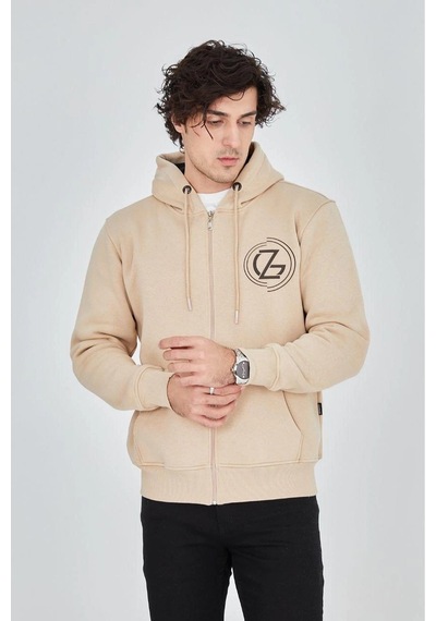 2Y Premium Erkek 3 İplik Pamuklu Fermuarlı Kapüşonlu Kanguru Cepli Baskılı Hoodie Hırka Sweatshirt - Bej