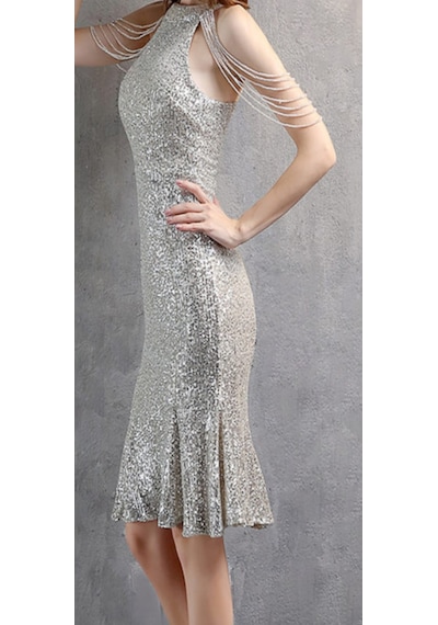 Hanife Glam Couture Hanife Glam Boncuk Detaylı Pulpayet Abiye Elbise Gümüş