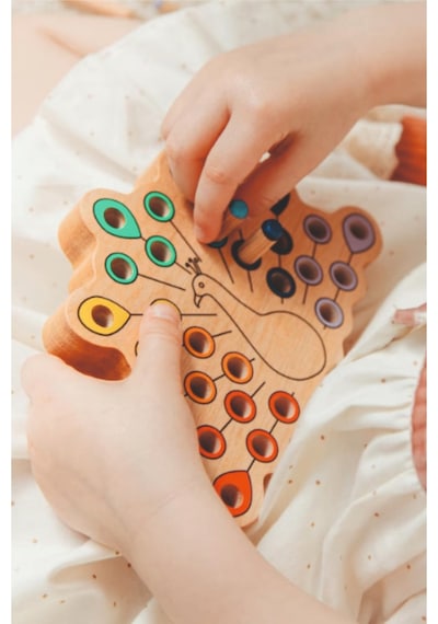 Montessori Ahşap Duyusal Eğitici Oyuncak Renkli Pim Takmalı Tavus Kuşu