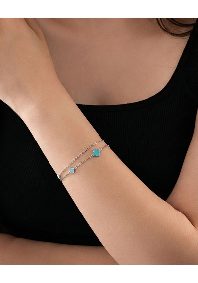 925 Ayar Rodyum Turkuaz Mineli İki Sıralı Yonca Charm Gümüş Bileklik Rzb10084 Gümüş