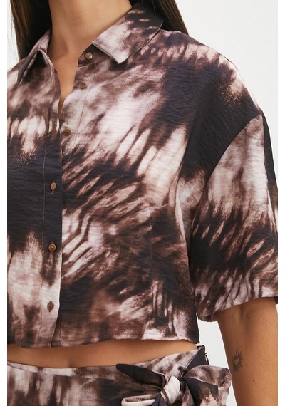 Uterpe Brown Mocha Tie Dye Cropped Shirt Bej