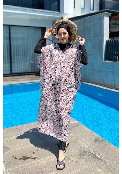 Remsa Mayo Üzerine Kaftan Pareo 430-217 Leopar Bordo Bordo