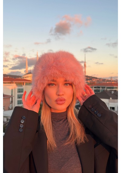 Mollycrush Elit Rus Slav Tarzı Suni Kürklü I Çi Deri Peluş Tüylü Kadın Kalpak Şapka Pembe