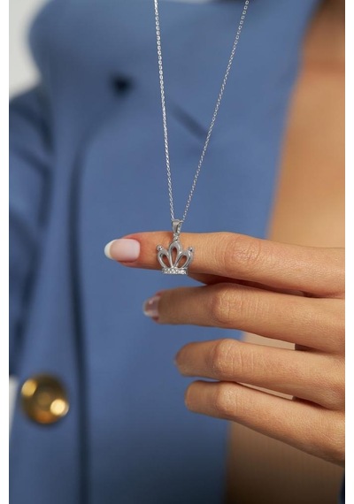 Roza Silver Zirkon Taşlı Rodyum Taç Model Gümüş Kolye