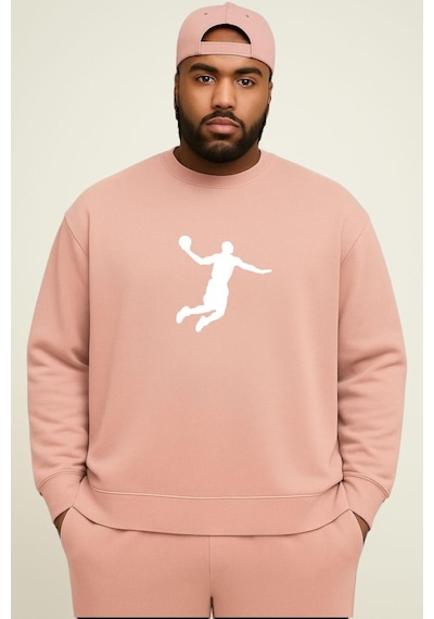 Benroma 3 İplik Penye Basketbolcu Baskılı Büyük Beden Unisex Sweatshırt Pembe
