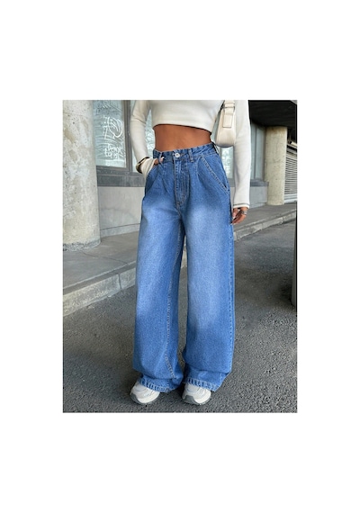 Kene Jeans Yüksek Bel Mavi Ön Arka Pensli Ön İşlemli Baggy Bol Paça Jeans Mavi