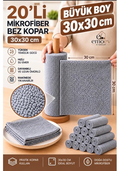 20'li Rulo Mikrofiber Temizlik Bezi Seti 30x30 Cm Yüksek Emici İz Bırakmaz Çok Amaçlı Bez Diğer