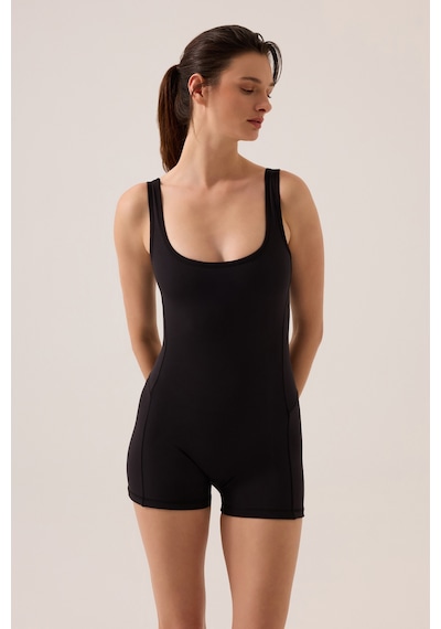 Los Ojos X Ece Siyah Kare Yaka Askılı Kısa Spor Tulum Unitard Siyah Siyah