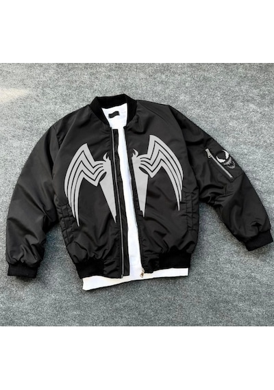 Hazego Tam Fermuarlı Uzun Kol Baskılı Bomber Ceket - Siyah Siyah