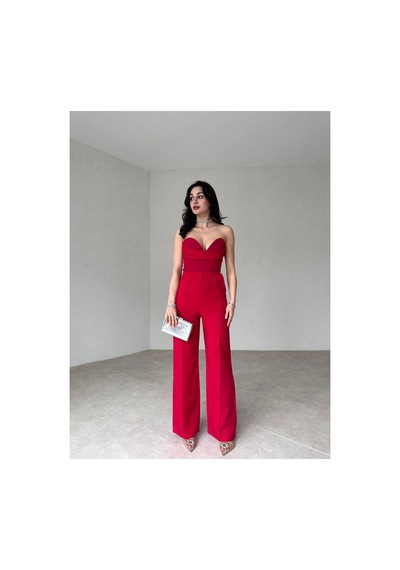 Munora Butik Kalp Yaka Straplez Kırmızı Tulum Kırmızı Kırmızı