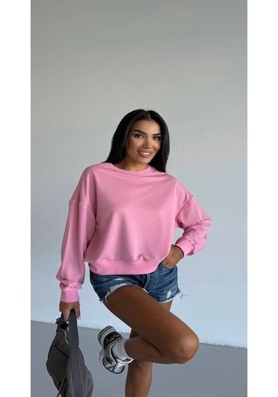 Esa35takı Kadın Bisiklet Yaka Sweatshirt Pembe