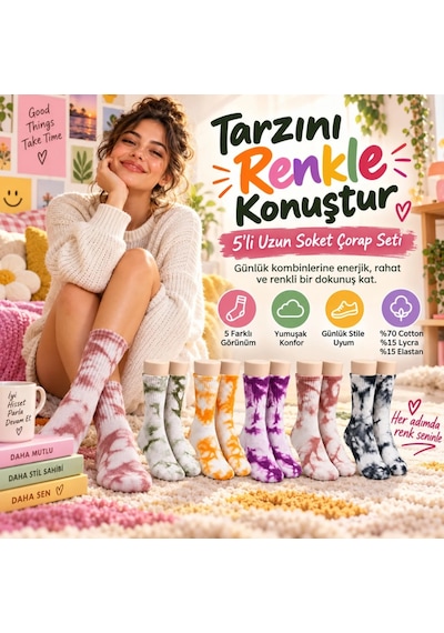 Womanandkids Wak Unisex Batik Desenli Çorap 5'li Set Renkli Pamuklu Uzun Soket Dikişsiz Nefes Alan Günlük Spor Çorabı Çok  Renkli