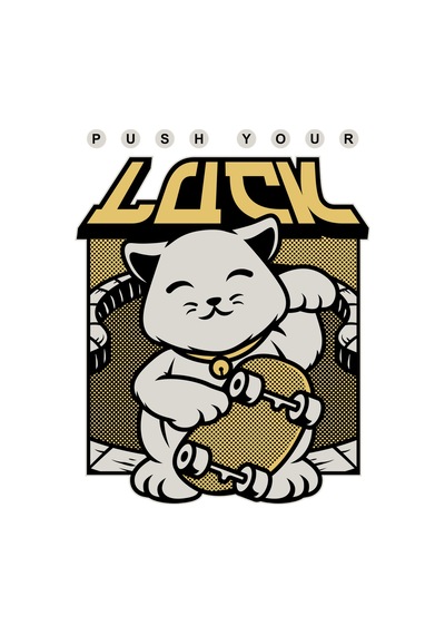Paybuy Kadın Şanslı Kedi Baskılı Tişört Push Your Luck Yazılı Asya Kültü Siyah