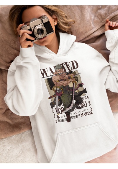 Sevbano Wanted Roronoa Zoro Baskılı Unisex Oversize One Piece Anime Hoodi beyaz