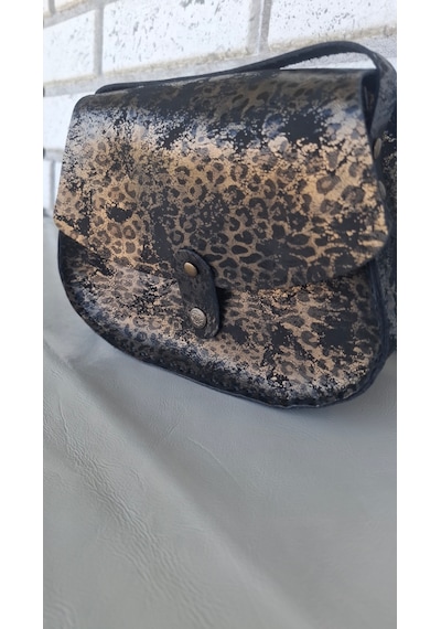 Medorya Design Dore Işıltılı Siyah Leopar Hakiki Deri Mini Çanta Altın - Siyah