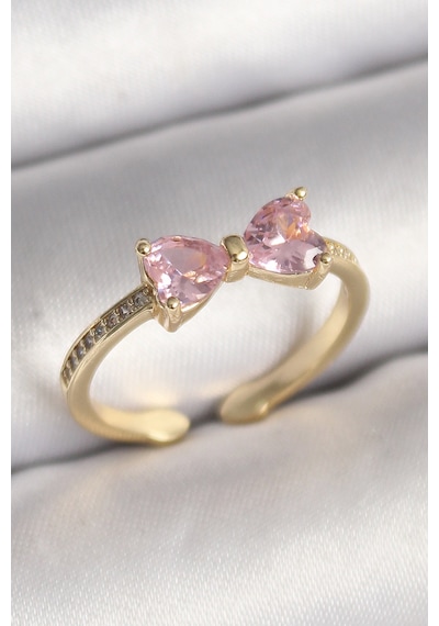 Pirinç Gold Renk Pembe Zirkon Taşlı Fiyonk Model Kadın Yüzük - Lisinya