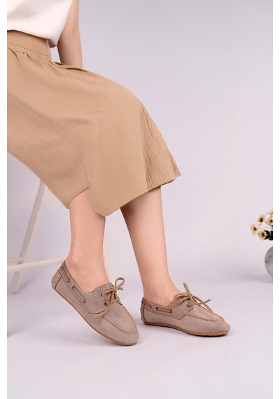 Nesilshoes Nesil Shoes Gabbel 300 Vizon Süet Bağcıklı Kadın Babet