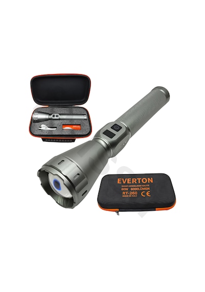 Everton Rt-260 60w 6000 Lümen Ultra Güçlü Şarjlı El Feneri - 2 Km Menzilli, Zoomlu, Çantalı Tam Set Gri