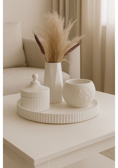 Minimalist Vazo & Kapaklı Kutu & Kabartmalı Tepsili 4 Lü Dekoratif Organizer Set