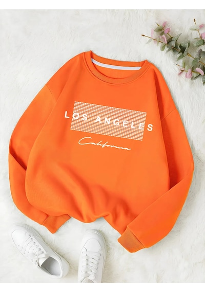 Startmore Turuncu Unisex Kadın/erkek Detaylı Los Angeles Özel Baskılı Renkli Oversize Bisiklet Yaka Pamuklu