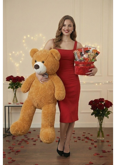 Sevgililer Günü Özel: 90 Cm Peluş Ayı Kırmızı Love Yazılı Tatlı Çikolata Sepeti Sevgiliye Hediye