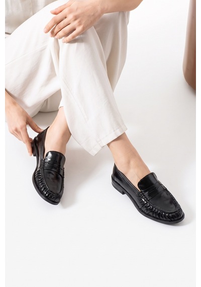 Luvi Shoes Chen Siyah Kırışık Rugan Hakiki Deri Kadın Loafer Ayakkabı