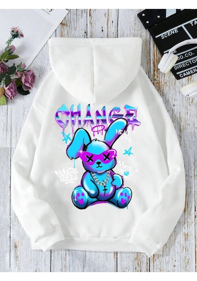 Startmore Beyaz Tavşan Karikatürler Crewneck Beyaz