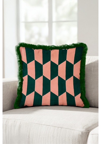 Geometrik Art Deco Kadife Saçaklı Yastık Kılıfı - Zikzak Bohem Pudra Siyah Püsküllü Kırlent Kılıfı Mavi