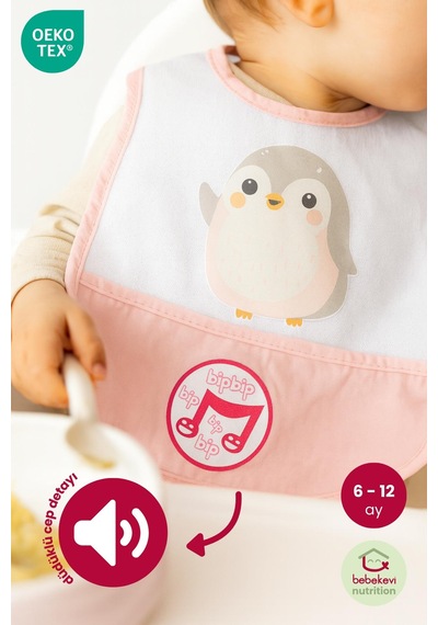 Düdüklü Cepli Sıvama Mama Önlüğü - Minik Penguen Pembe Bebek Önlüğü Koyu Pembe
