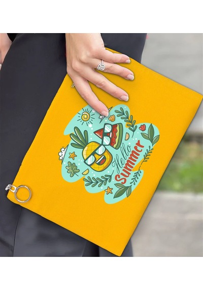 Bk Gift Yaz Temalı Astarlı Sarı Portföy Çanta 30x21cm, Baskılı El Çantası, Organizer Çanta