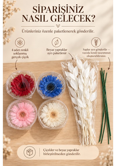 Premium Şoklanmış Gerçek Çiçek Buketi 4 Renkli Gerbera Ve Beyaz Dekoratif Yapraklar Çok  Renkli