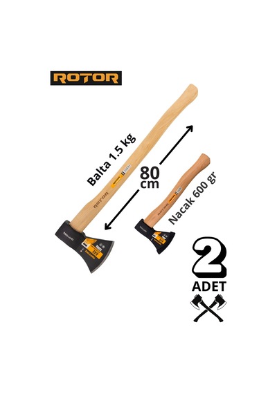 Rotor Ahşap Saplı 1500gr+600gr 2 Li Balta Nacak Seti