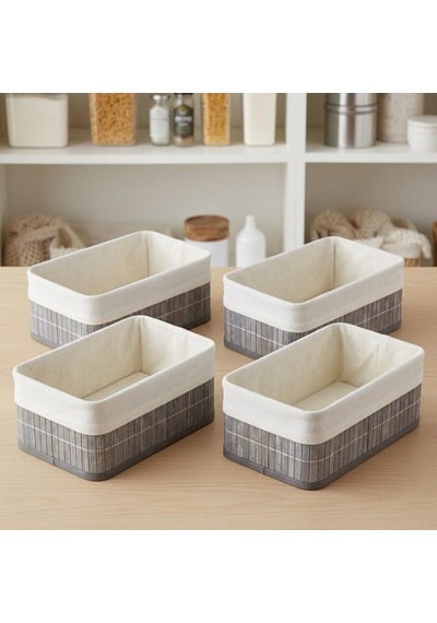Bambu Detaylı Çok Amaçlı Saklama Kutusu 25x15x8 Cm Dekoratif Kumaş Organizer Mutfak, Banyo, Dolap İçi Ve Raf Düzenleyici Çekmece İçi Derin Organizer Kutu Gri 4 Adet Cok Renkli