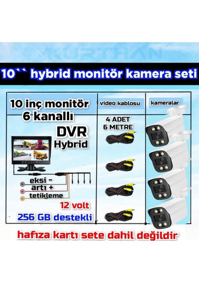 4 Adet Ahd 2 Mp Beyaz Warm Ledli Kamera 10'' Qled 6 Kanallı Monitör Seti 12 V 256 Gb