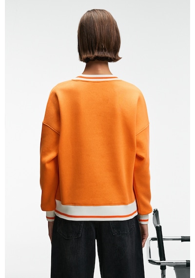 Grımelange VALLUNE Kadın Kontrast Triko Etek Ucu Manşet Ve Yakalı Nakış Crop Turuncu Sweatshirt