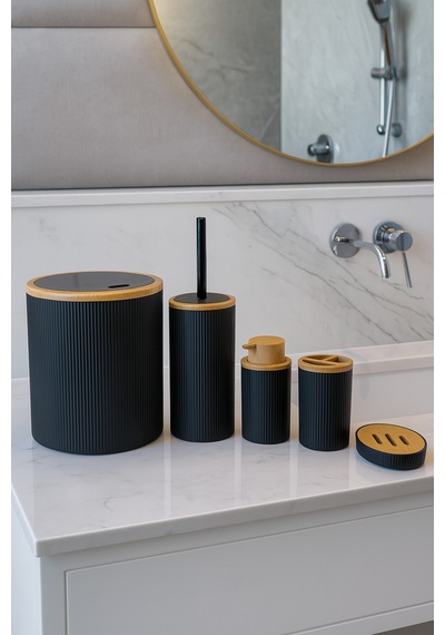 Makri Home 5 Parça Banyo Seti, Bambu Desen Siyah, Çöp Kovası, Fırçalık, Sıvı Sabunluk, Diş Fırçalık, Sabunluk Siyah
