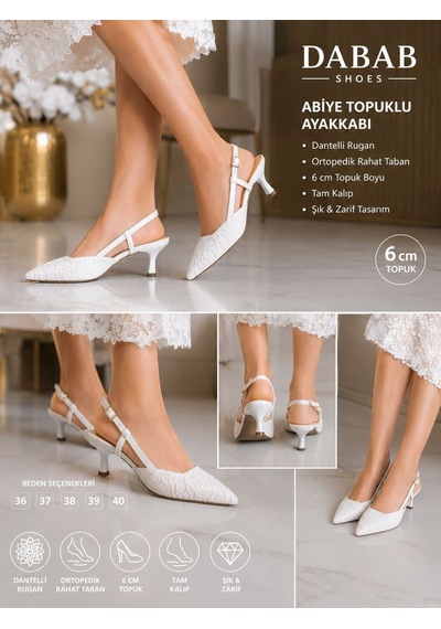 Dabab Shoes Julıe Kadın Beyaz Dantel Dokulu Sivri Burun 5 Cm Topuklu Slingback Ayakkabı