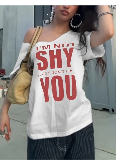 Startmore Startmore Beyaz Kadın Düşük Omuz Kayık Yaka Shy You Baskılı Beyaz