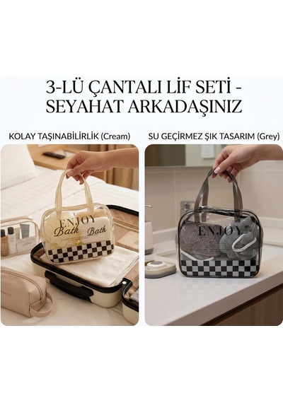 Lexroo Seyahat Çantalı Lif Seti, 3'lü, Şeffaf Fermuarlı Çanta, Banyo Lifi, Vücut Süngeri
