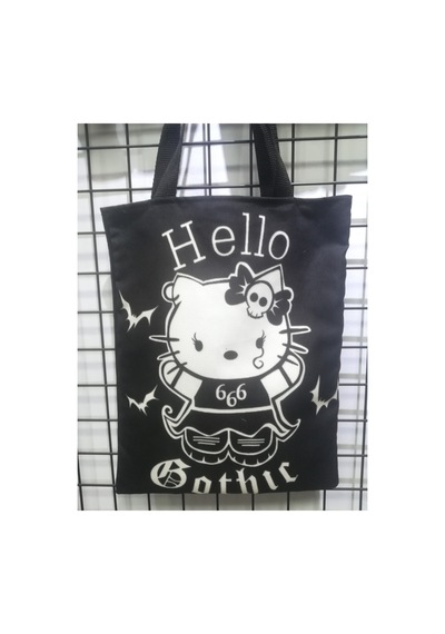 Owl Bag Hello Gotik Desenli Tasarım Kumaş Omuz Çantası siyah