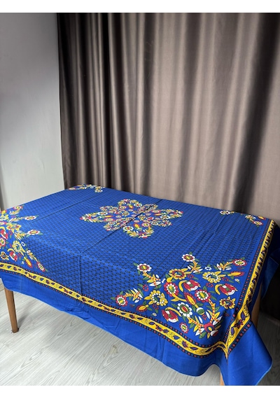 Kolay Temizlenebilir Renkli Cıvıl Cıvıl Desenli Masa Örtüsü 170x170 Cm Mavi - Beyaz