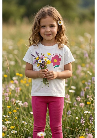 Zuzunga Cute Flower Baskılı Kız Çocuk Takımı Pembe Taytlı Fuşya