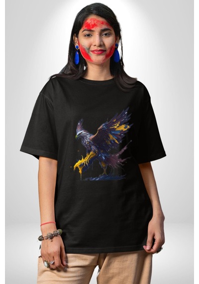 Kara Kartal Sulu Boya Pamuklu Bisiklet Yaka Unisex Oversize Boyfriend Dijital Baskılı Siyah T-shirt Siyah