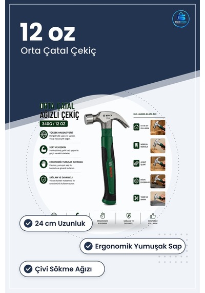 Orta Çatal Çekiç Oz 24 Cm Ergonomik Yumuşak Sap Ağızlı Çelik Kafa